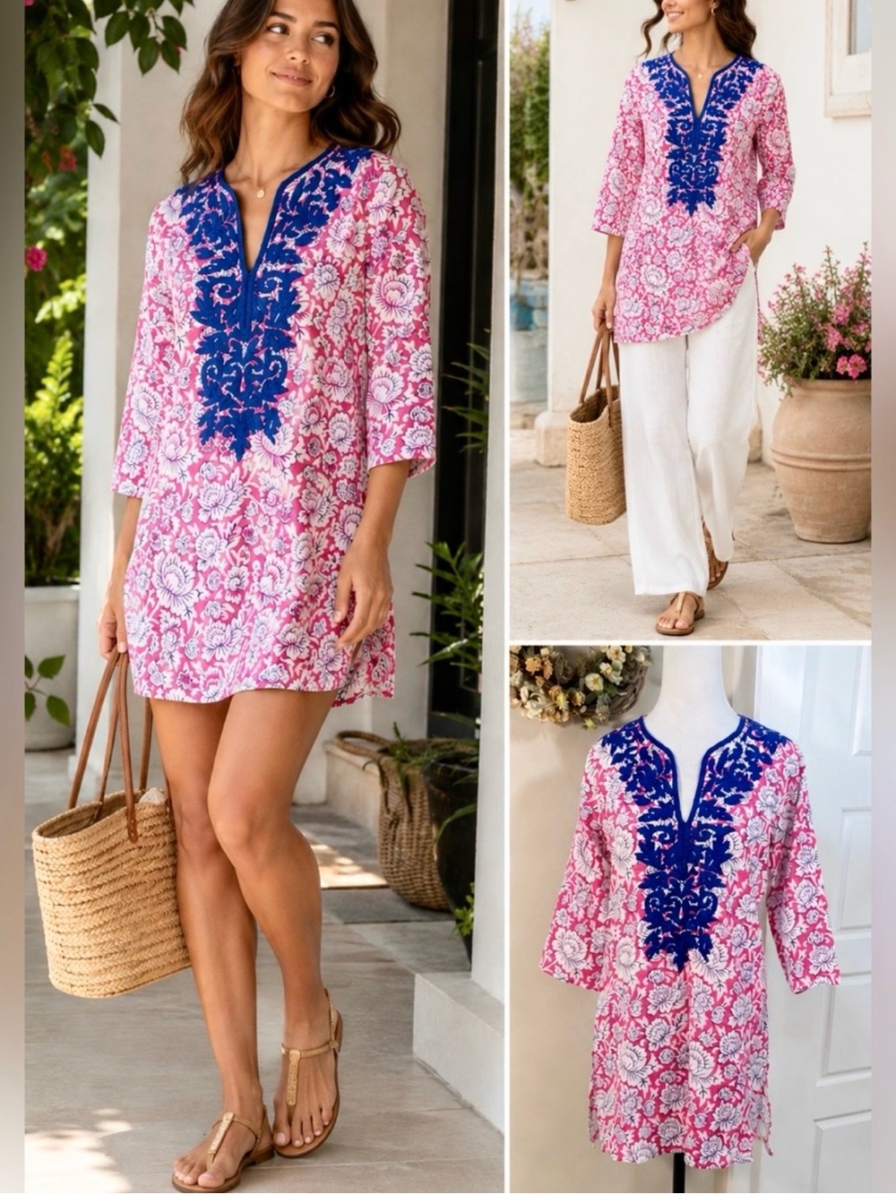 💥Roller Rabbit Pink Floral Embroidered Cotton Tunic Cover Up Top XS💛
